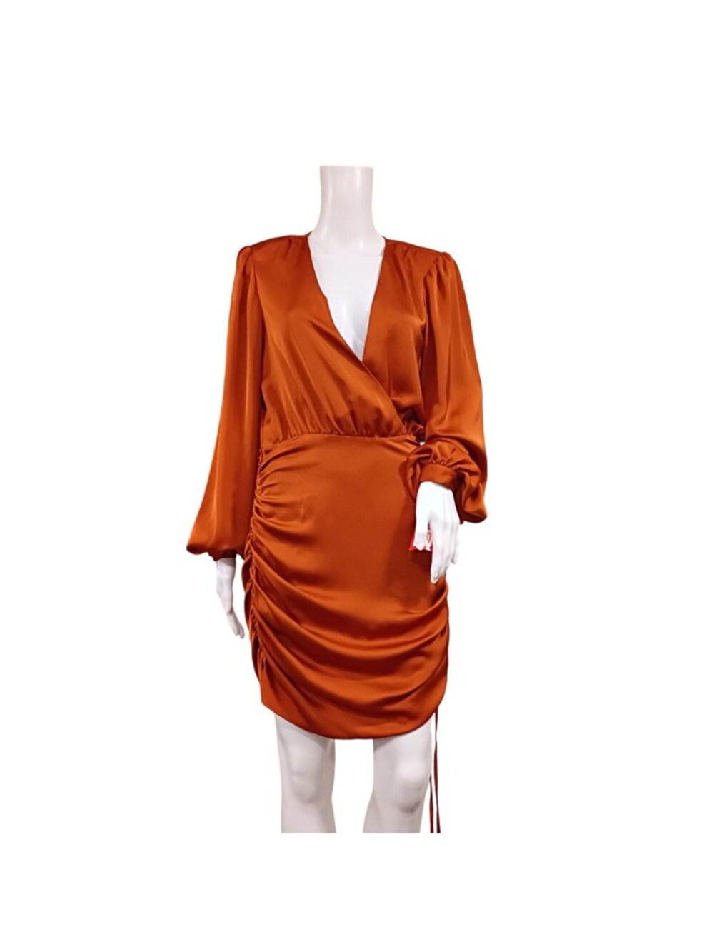 NWT Ramy Brook Foxy Mini Dress Women's 6 Cinnamon Satin Long Sleeve Side Ruched - Picture 2 of 16